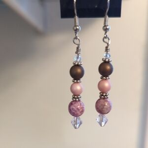 Brown and Pink Beaded Dangle Earrings